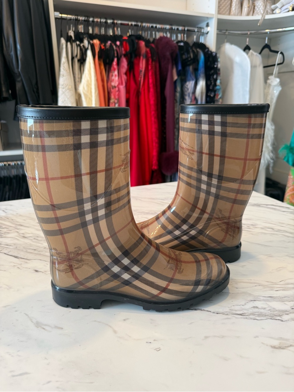 Burberry Tan Plaid Glossy Mid-Calf Rain Boots